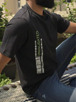 Load image into Gallery viewer, Front view of black classic fit men’s T-shirt from House of SwaSha, displaying “Unvalidated” graphic print on chest, crew neck, short sleeves, made from sustainable fabric.