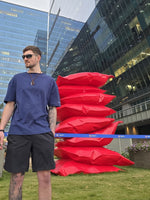 Load image into Gallery viewer, House of SwaSha navy blue oversized men’s t-shirt front view on model, round neck half sleeves, 210 GSM organic cotton