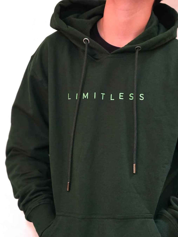 Limitless hunter green unisex hoodie front view, premium 300 GSM cotton  with adjustable hood and kangaroo pocket