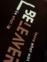 Load image into Gallery viewer, A detailed shot of non-pvc ink print of the BeLeaver T-shirt. Sustainable, eco-friendly, mindful fashion. 