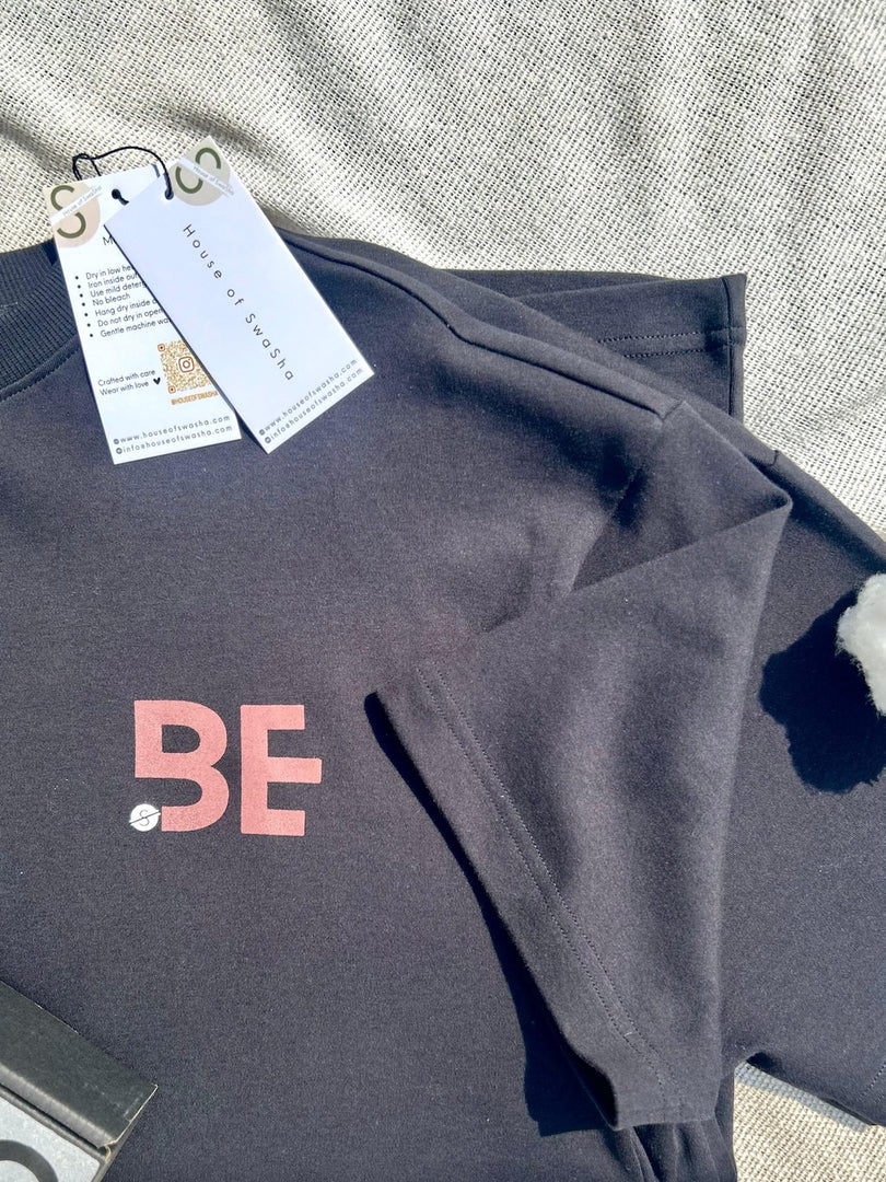 BeLeaver charcoal black oversized men’s t-shirt flat lay showing full garment shape and proportions