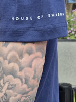 Load image into Gallery viewer, Close-up of House of SwaSha navy blue oversized men’s t-shirt sleeve design with non-PVC ink print