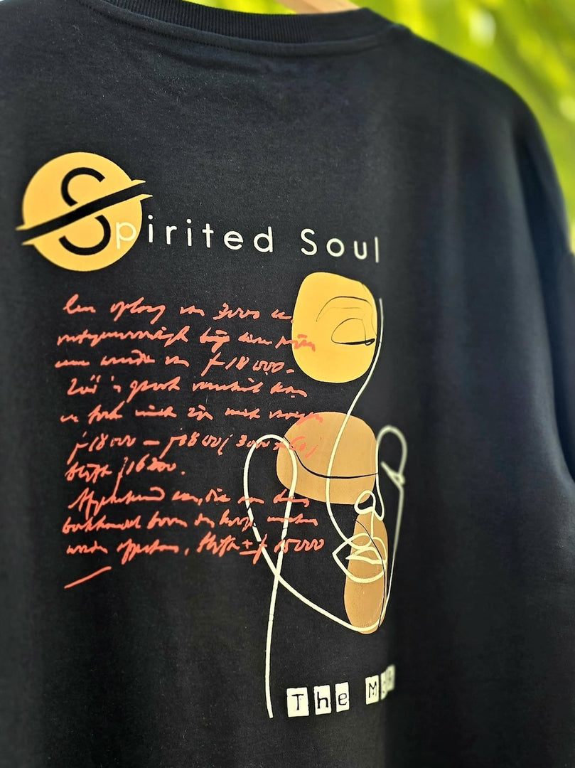Detailed shot of Spirited Soul The Monk charcoal black oversized men’s t-shirt back graphic in sustainable non-PVC ink print