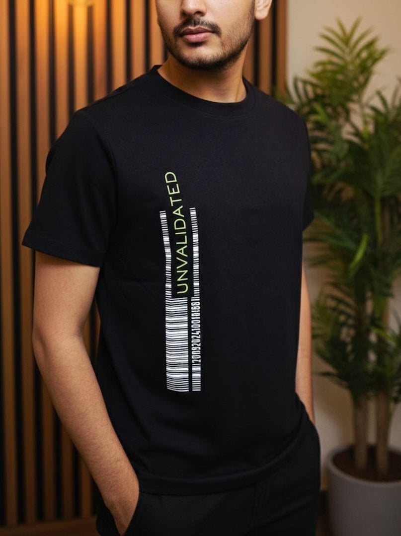 Side profile of black Unvalidated classic fit T-shirt by House of SwaSha, highlighting classic-fit,  crew neck, short sleeve drop, and eco-friendly fabric texture on male model